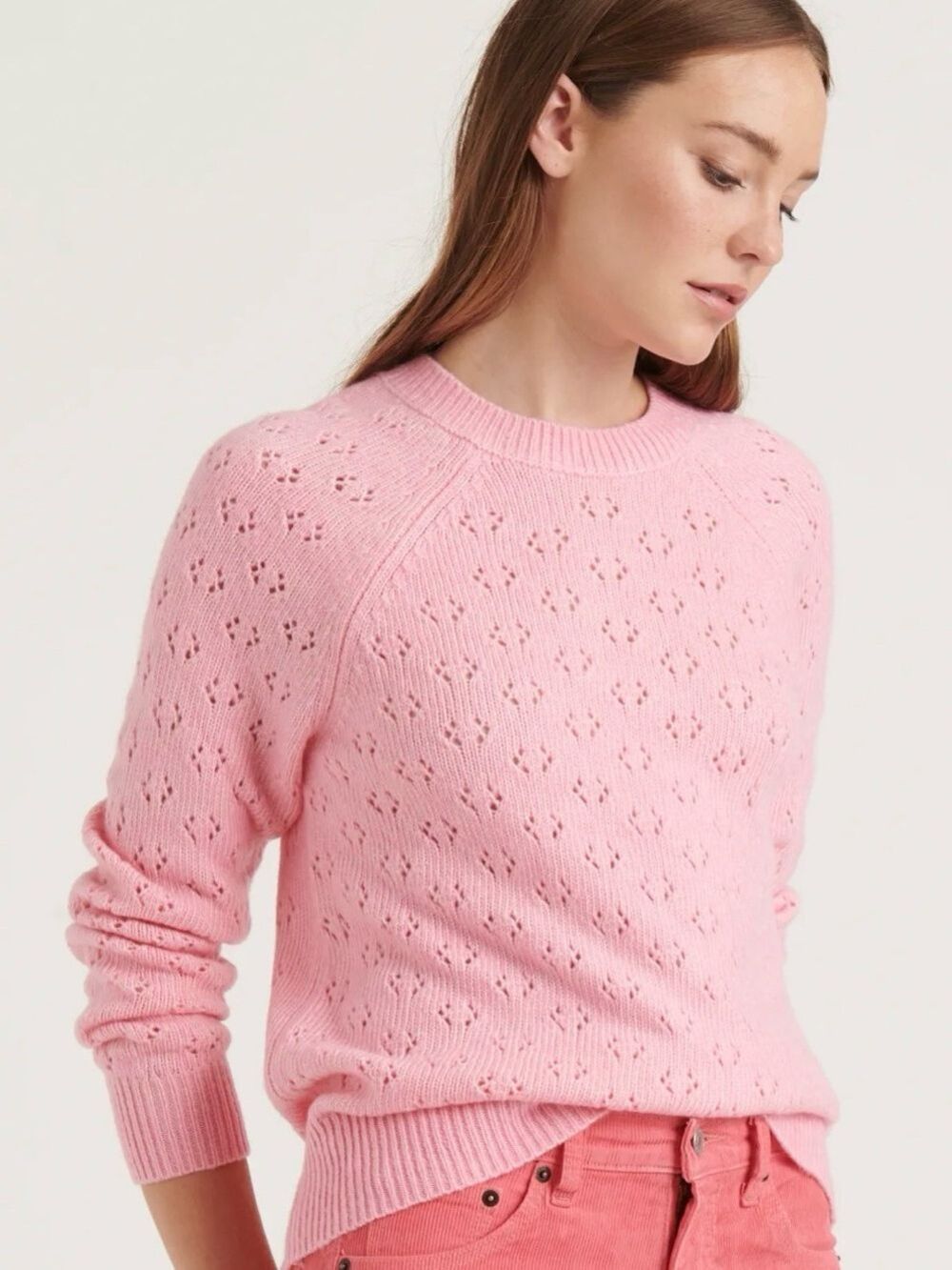 Lucky Brand Emily Pointelle Pink Eyelet Crewneck Pullover Sweater NWOT Romantic